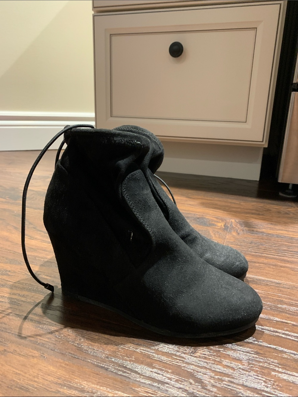 Black Suede Wedge Ankle Booties with Rear Tie